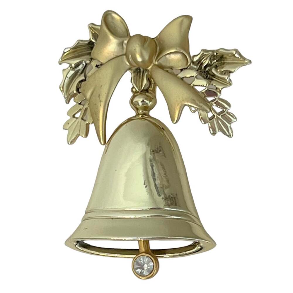 Vintage Christmas Bell Brooch Gold Tone with Moving Clapper 1980s Holiday Pin